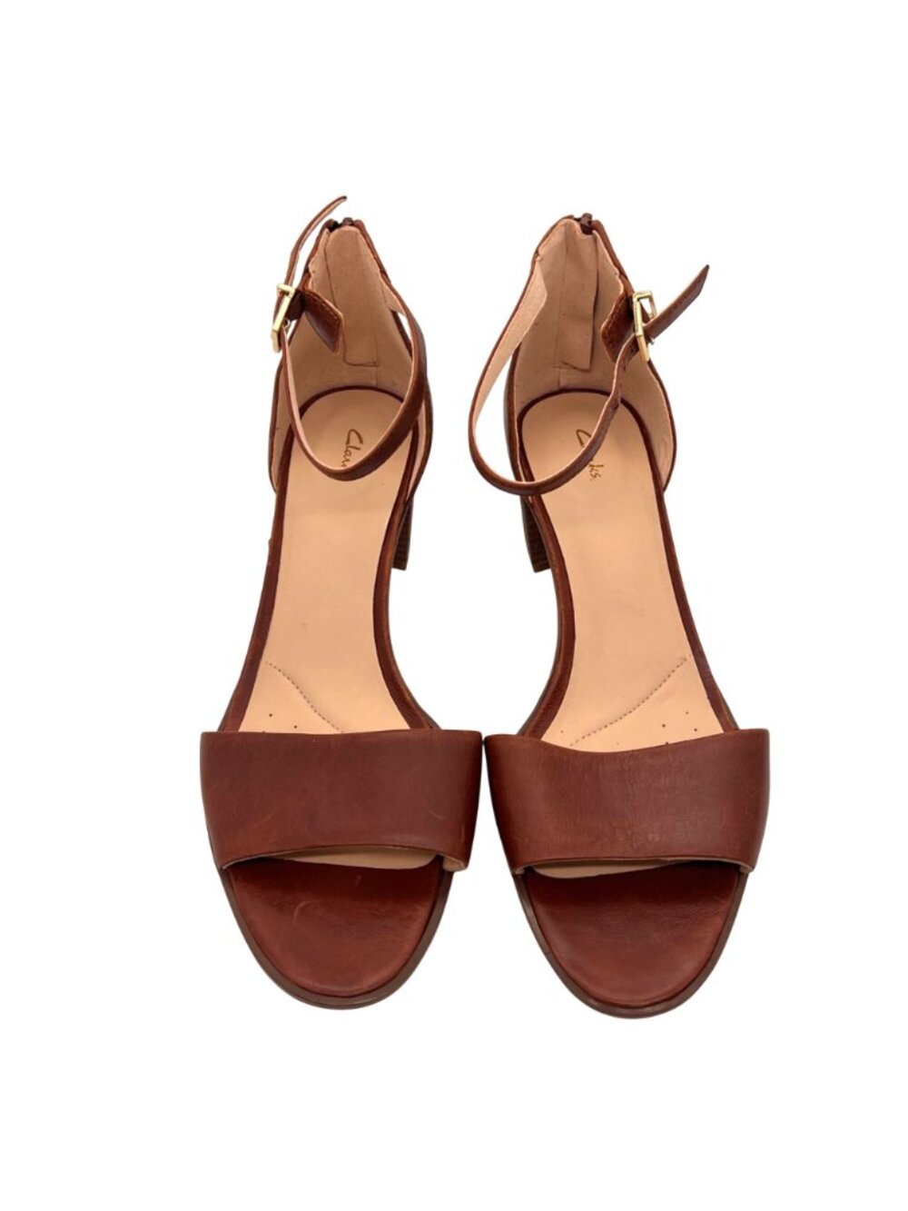 Clarks Brown Leather Ankle Strap Sandals Womens Size 9 Block Heel Open Toe Tan - Picture 5 of 13